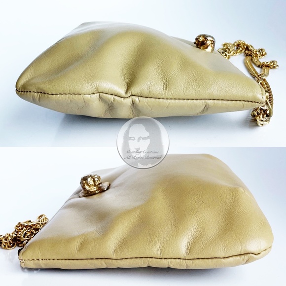 Vintage Ruth Saltz Shoulder Bag Retro 80s Beige Leather Cougar Head Chain Straps - Picture 4 of 9